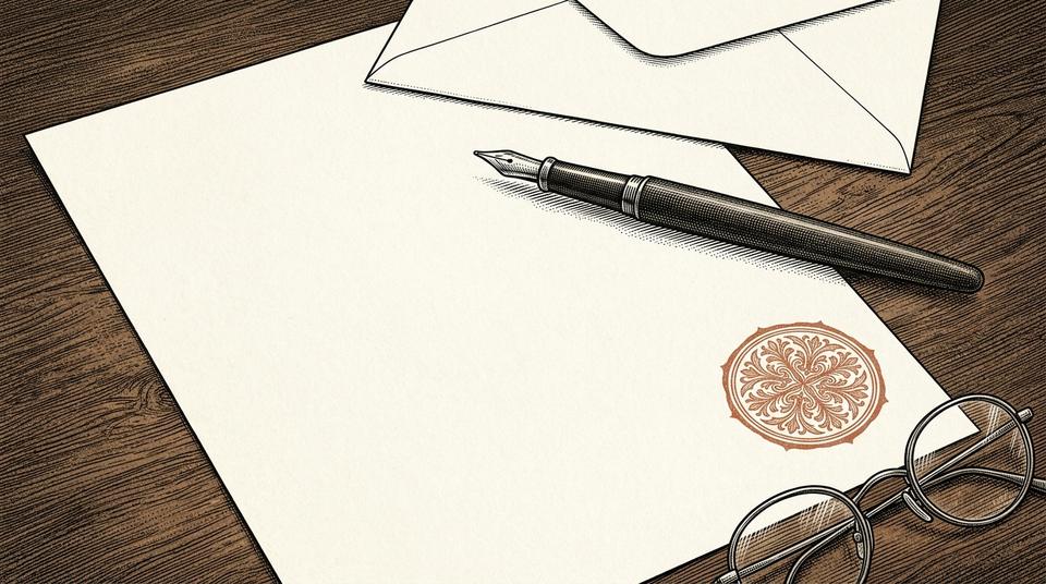 An engraved illustration of a blank sheet of paper with a round terracotta seal, a fountain pen, an envelope and reading glasses on a wooden desk.
